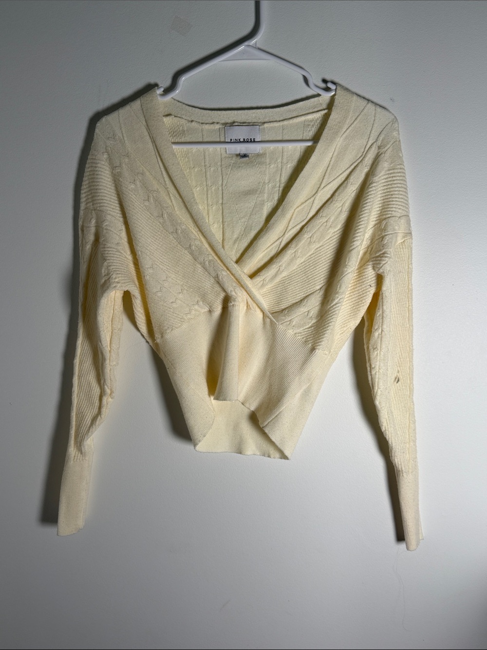 Pink Rose cream/white long sleeve knit cozy v-neck pullover sweater blouse